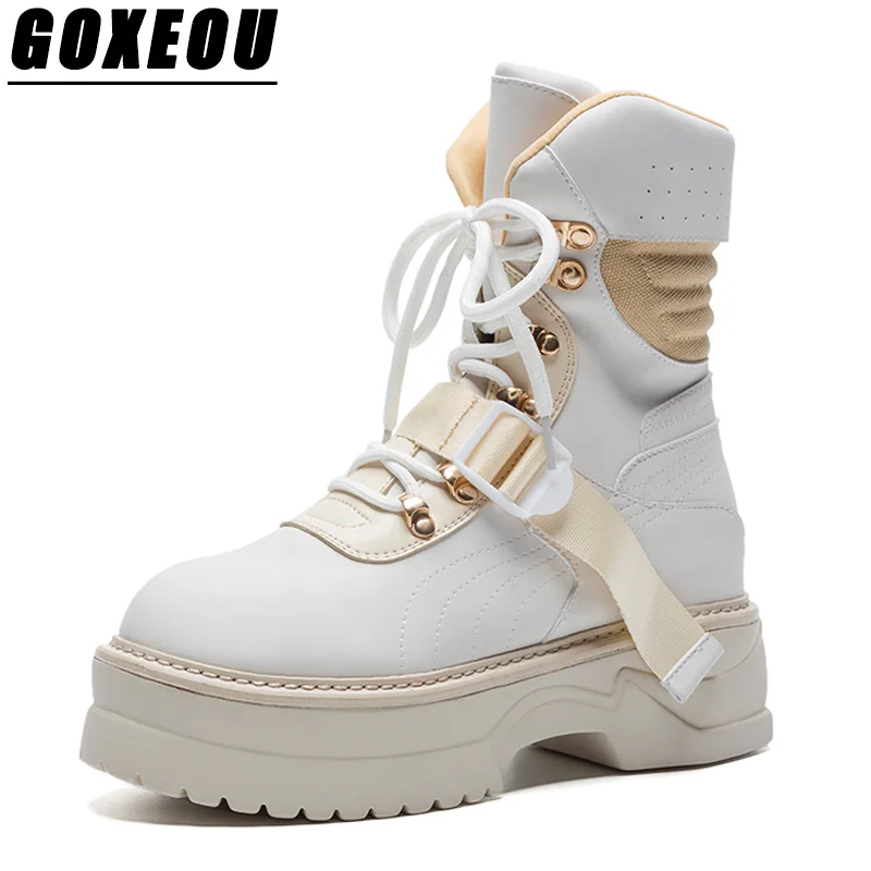 

GOXEOU 2018 White Martin Boots Genuine Leather Ankle Boots Shoes Woman Brand Plus Size 35-42 Autumn Casual Fashion Ladies Boots