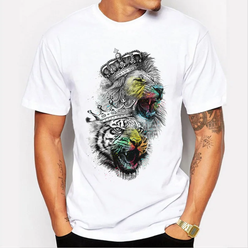 

Men Tops 2019 Summer Crown Lion 3D White Men's T-shirt Fashion Animal Print T-Shirt Men Casual Short-Sleeve Tee Shirt Homme 4XL