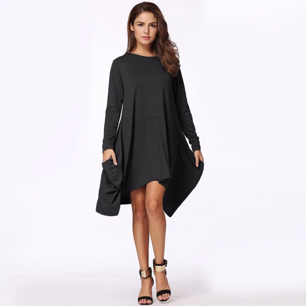 Autumn Casual Loose Mini Dress Women Long Sleeve Dress Solid Color ...