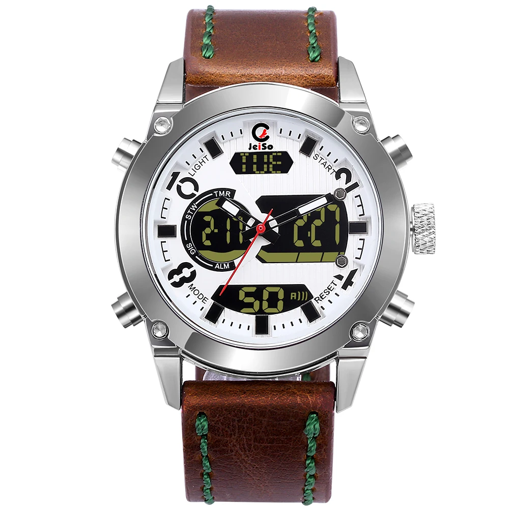 

Genuine Leather Strap Digital Watch Dual Display Watch Japan Miyota 3 years Battery Life Movt New Watch 2018 for Men