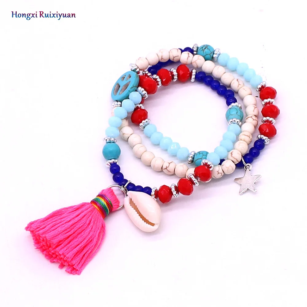 

Bohemian style crystal bracelet handmade beaded bracelets for women fashion crystal tassel stone peace symbol bracelet jewelry