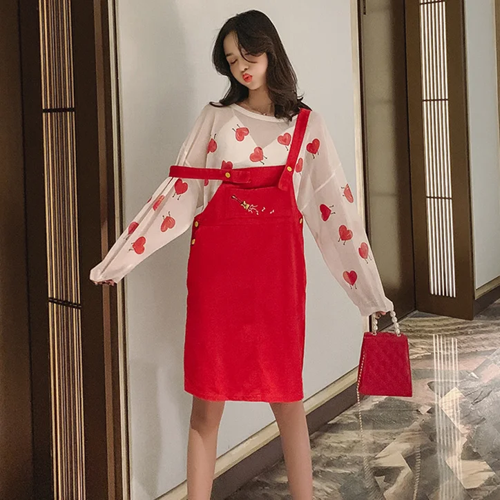 

Transparent Womens Tops Summer 2019 Japanese Lolita Hearts Print Long Sleeve Kawaii Sheer Oversized T Shirt Red Yellow Blue T336