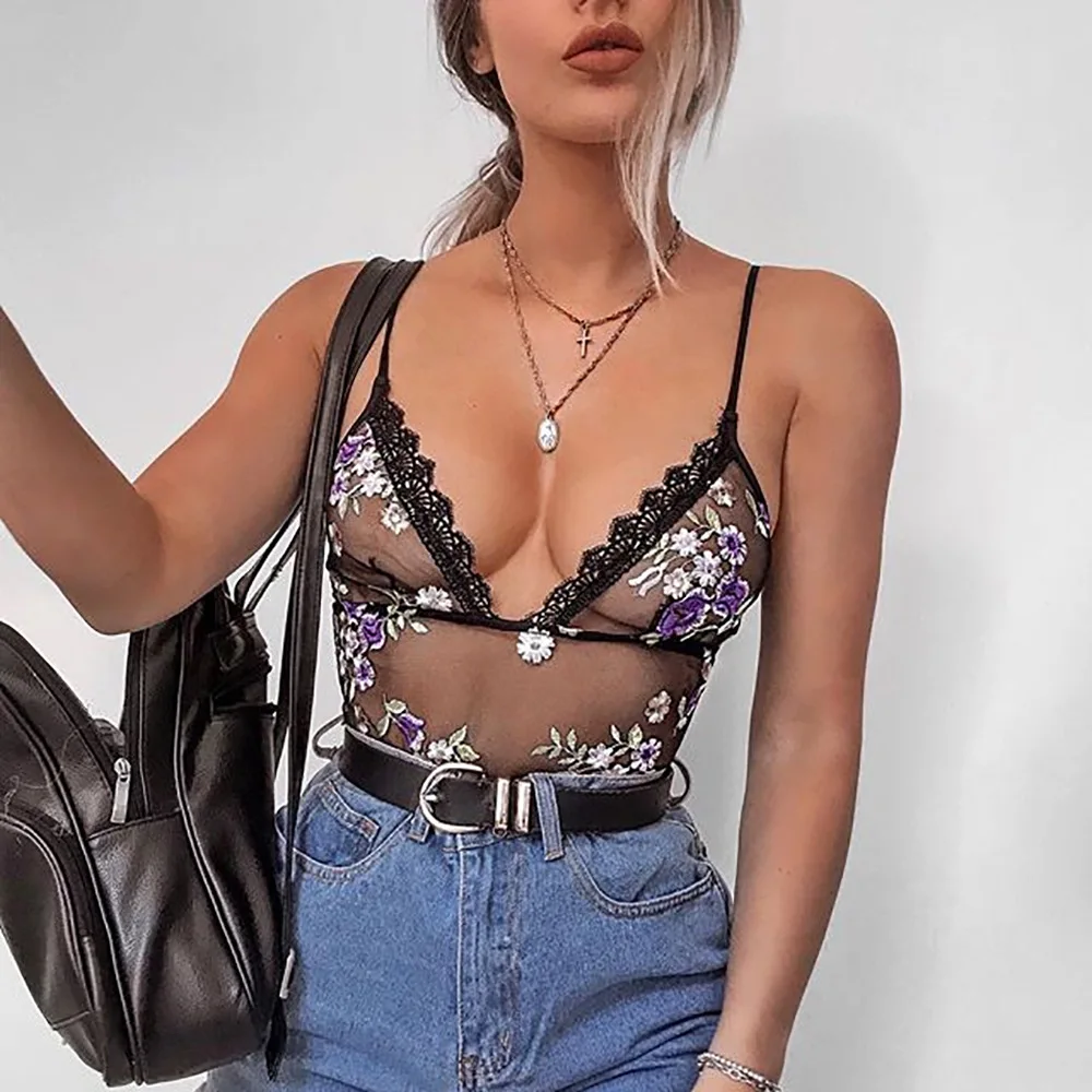 

sexy lace bodysuit women deep V neck flower embroidery open back mesh jumpsuit see trough body transparent body suit WU3352A