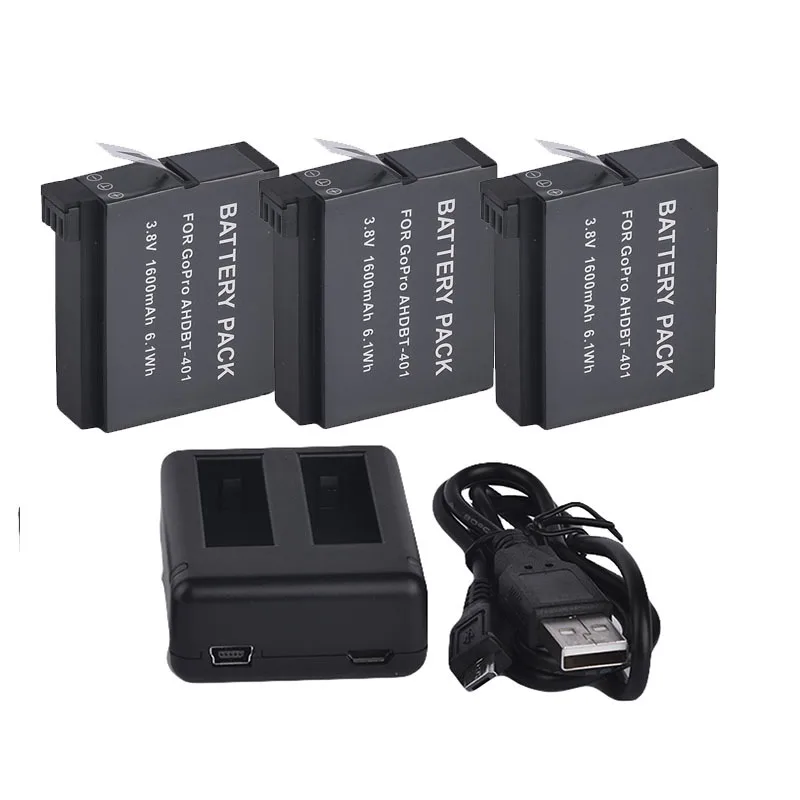 3pcs 16000mAh AHDBT 401 Gopro Hero 4 Battery Pack and Dual Charger Port Home Charger for Gopro