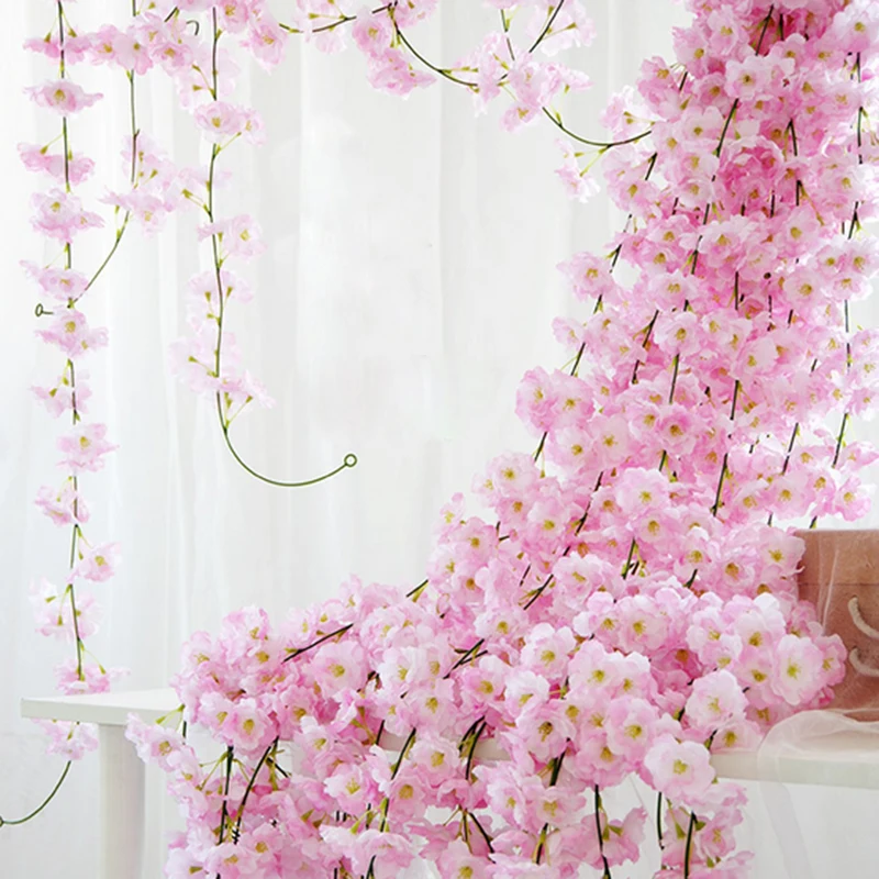 

2M Artificial flowers Sakura Cherry Rattan Wedding Arch decor Vine Home party Silk Ivy wall Hanging Garland Wreath Flower string