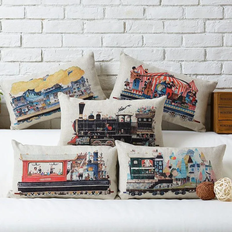 

High quality Square Cotton Linen Vintage Train Painted One Side Printed Cushion Cover For Home Sofa Pillow Cover 3D