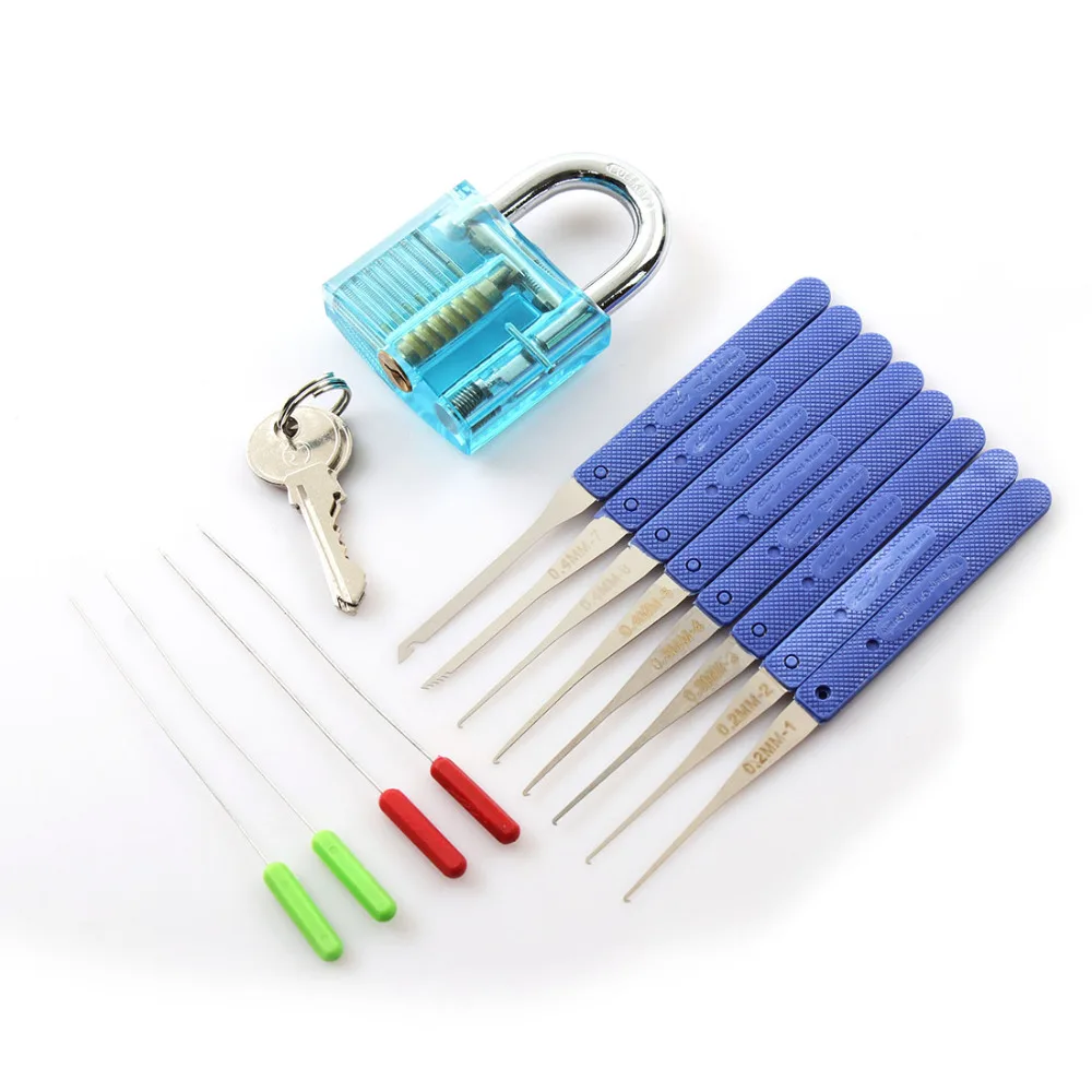 

1 Set Transparent Visible Pick Cutaway Practice Padlock Lock With 12PCS Blue Broken Key Removing Hooks Lock Locksmith Tool