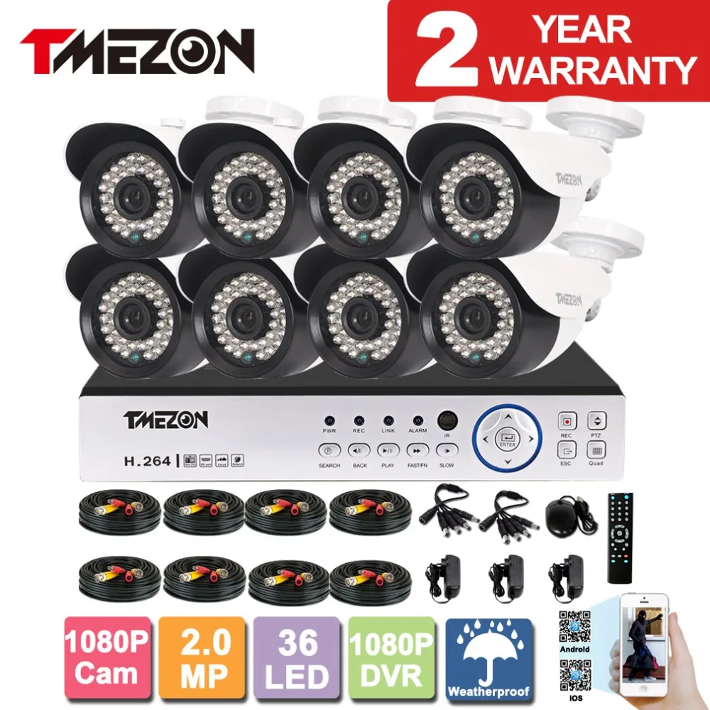  Tmezon AHD 1080P DVR Home Security Surveillance CCTV System 8pcs Bullet 1080P 2.0MP Camera Outdoor Weatherproof Night Vision Kit 