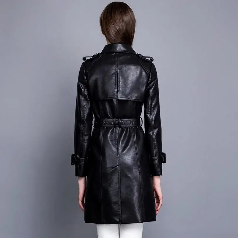 Осень Зима высокое качество из искусственной кожи куртки-ветровки Женская мода Тонкий длинный плащ элегантная женская верхняя одежда L1224