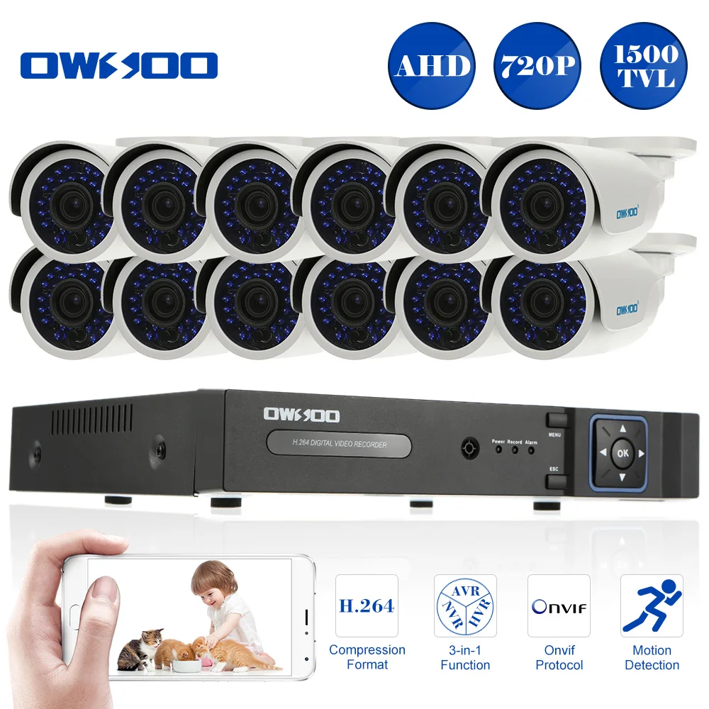 OWSOO 16CH аналоговая камера высокого разрешения Full 720 P DVR Kit 12 шт. 1500TVL на открытом воздухе безопасности Камера Системы HDMI P2P цифровой видеорегистратор ONVIF 720 P ИК аналоговая камера высокого разрешения CCTV Камера Системы