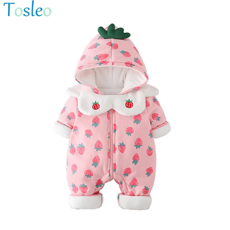 

Baby Girl Rompers Funny Infant Costume Strawberry Print Cotton Pad Toddler Outfits with Mouth Towel Pink and White 0-2Y