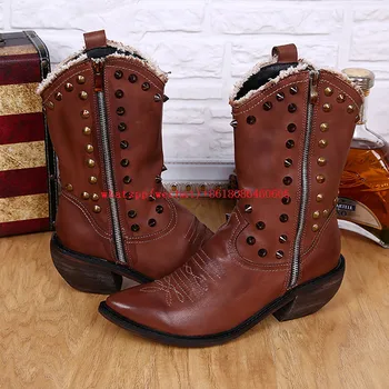 

Italian Men Knee High Boots Black Brown High Top Work Studded Cowboy Boots Pointed Toe Rivets Motorcycle Shoes Man