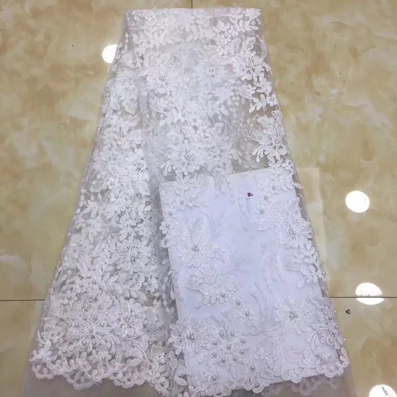 

(5yards/pc) high quality white color African tulle lace fabric fine embroidered French lace fabric with beads for wedding FZZ129