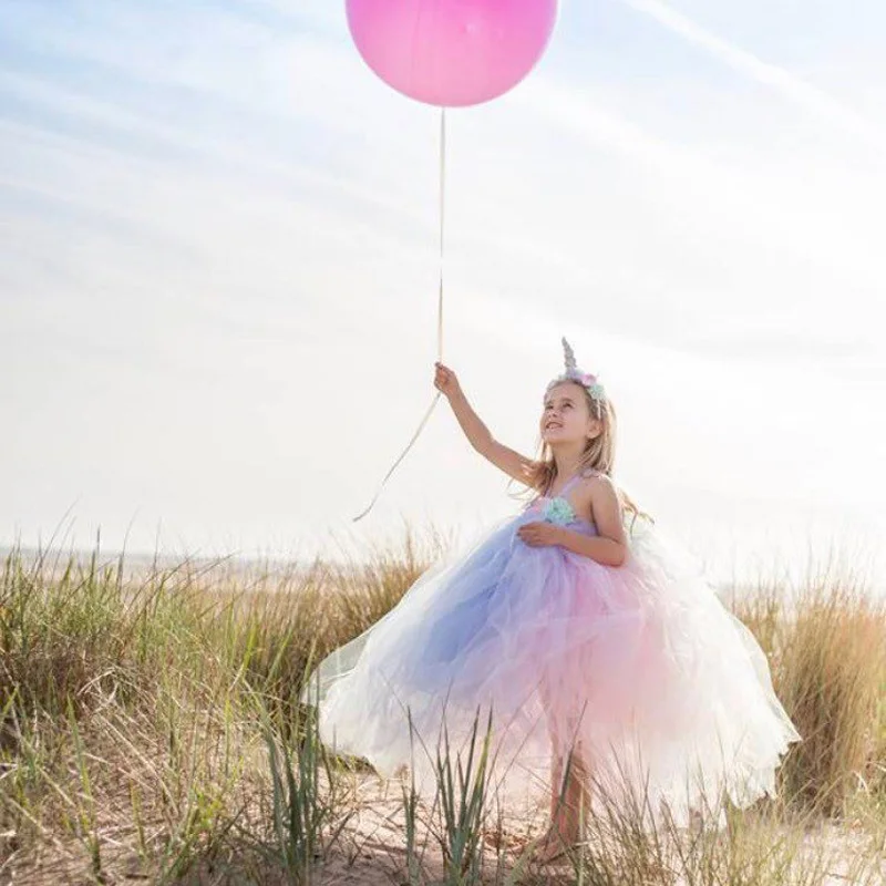 Pastel Unicorn TUTU Dress Girl Flower Birthday Party Dress with Headband Full Length Kids Dress Up Clothes Handmade Fancy Dress (2)