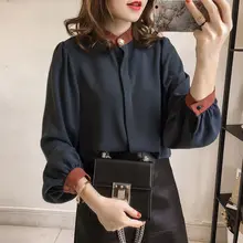 Новая весенняя блузка контрастного цвета со стоячим воротником и длинным рукавом-фонариком 4XL размера плюс, свободная повседневная женская шифоновая рубашка для работы