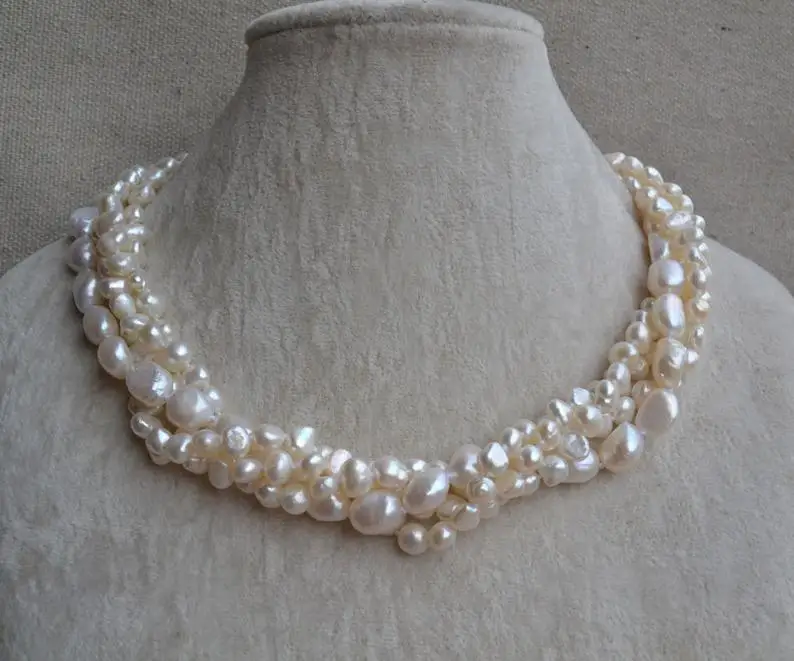 

Charming Baroque Pearl Necklace 4rows AA 6-12MM White Color Genuine Freshwater Pearl Necklace 18inches