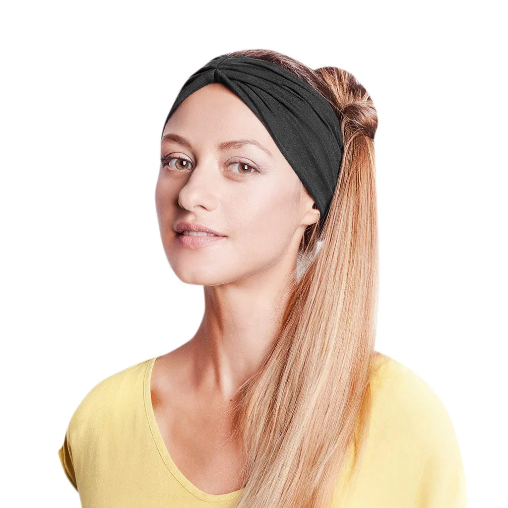 Повязки На Голову женские белые хлопок тюрбан с узлом на голову повязка на голову широкая эластичная повязка на голову спортивные аксессуары для волос для йоги-30 - Цвет: Gray