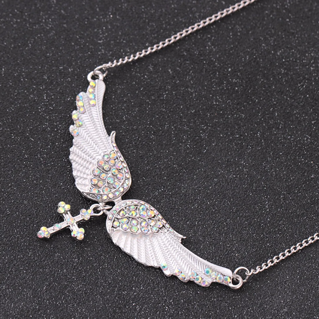 Chic Chain Necklaces Sexy Ladies Crystal Angel Wings Cross Necklaces & Pendants Fashion Jewelry For Women Shellhard