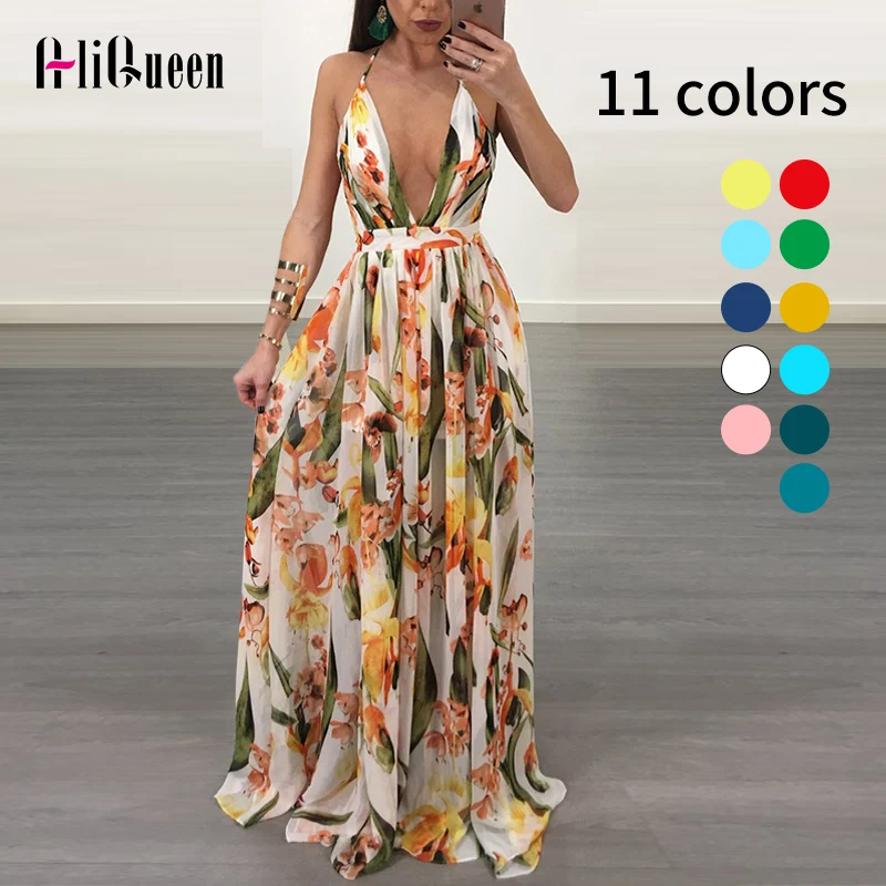 

Women Printed Deep V Backless Long Dress Summer 2019 Feamle Vacation Sexy Boho Maxi Beach Dresses Party Dress Plus Size Vestidos