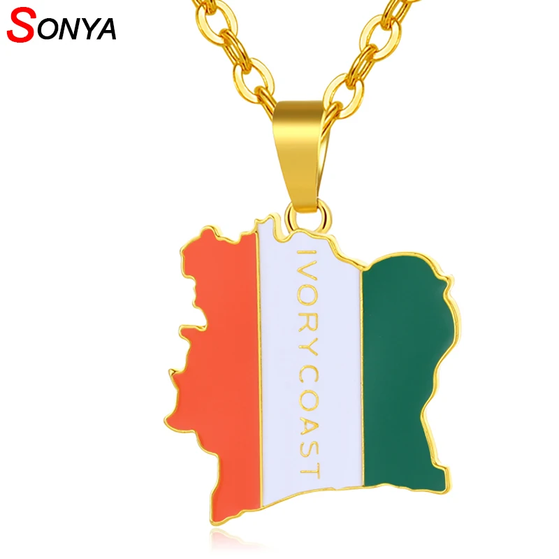 

SONYA COTE D IVOIRE Map Flag Necklaces Women/Men Jewelry Gold/Silver Color Ivory Coast Country Map Jewelry Bijoux Femme