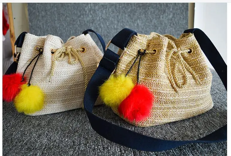 

Beach Bag for Summer small Straw Bags Handmade Woven Tote Women Travel Handbags Luxury Designer Hair ball bag