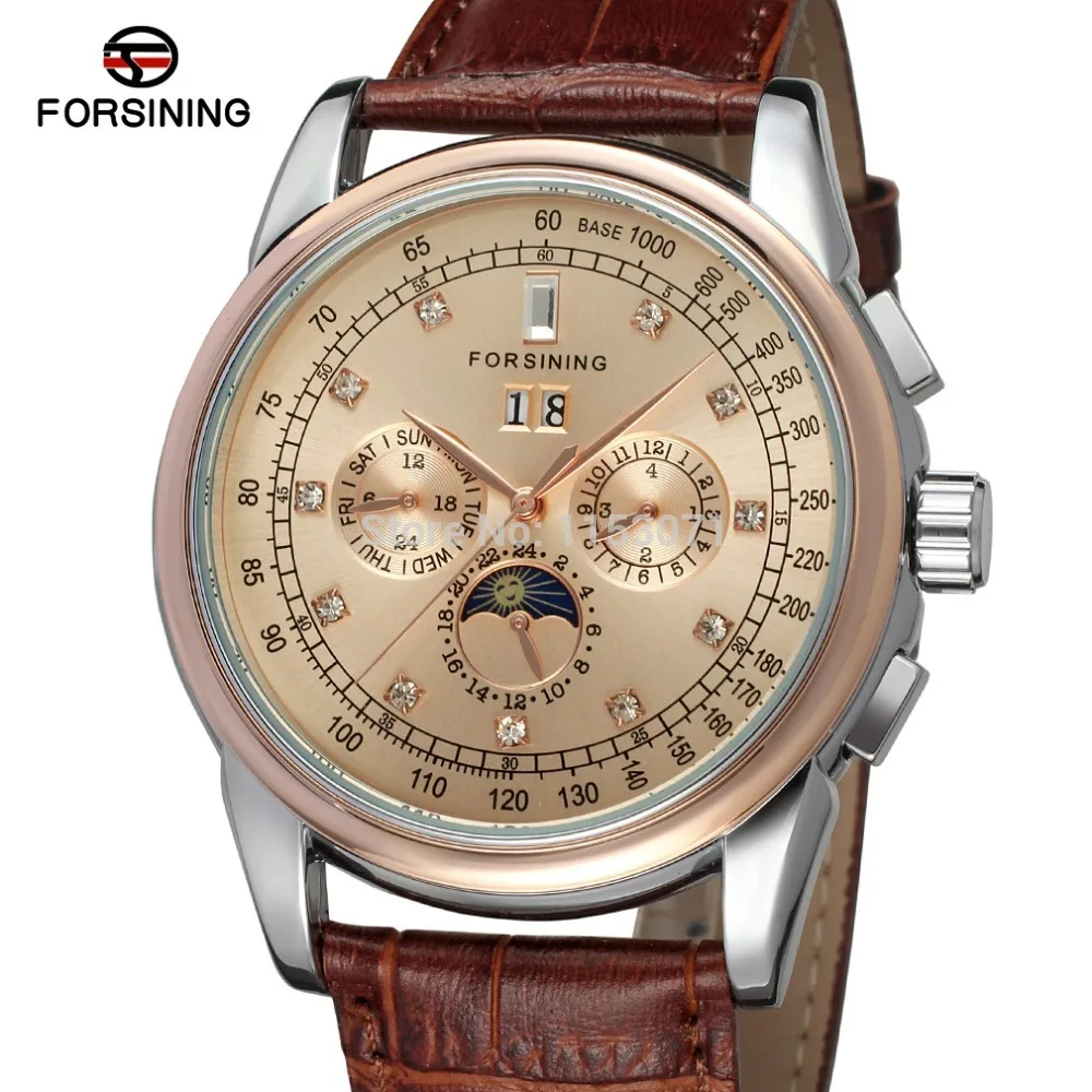 

FSG319M3T5 Forsining Automatic self-wind dress champagne color wrist watch with moon phase for men watch with complete calendar
