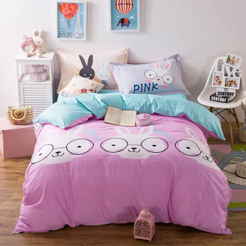 

Cartoon rabbit bedding sets queen full sizes 100% cotton cute animals 3d duvet cover pink bed linens kids dot bedspreads sheets