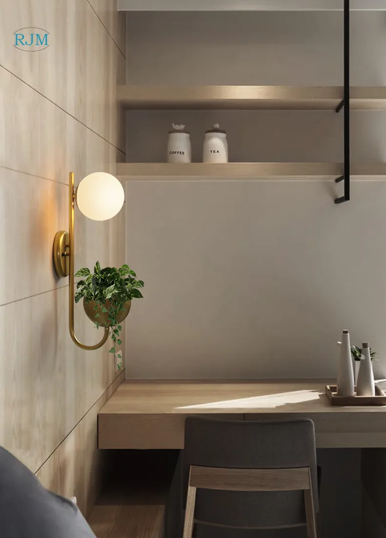 Скандинавский минималистичный креативный настенный светильник для гостиной персонализированное украшение для учебы, спальни, прикроватный стеклянный шар, лампа для растений