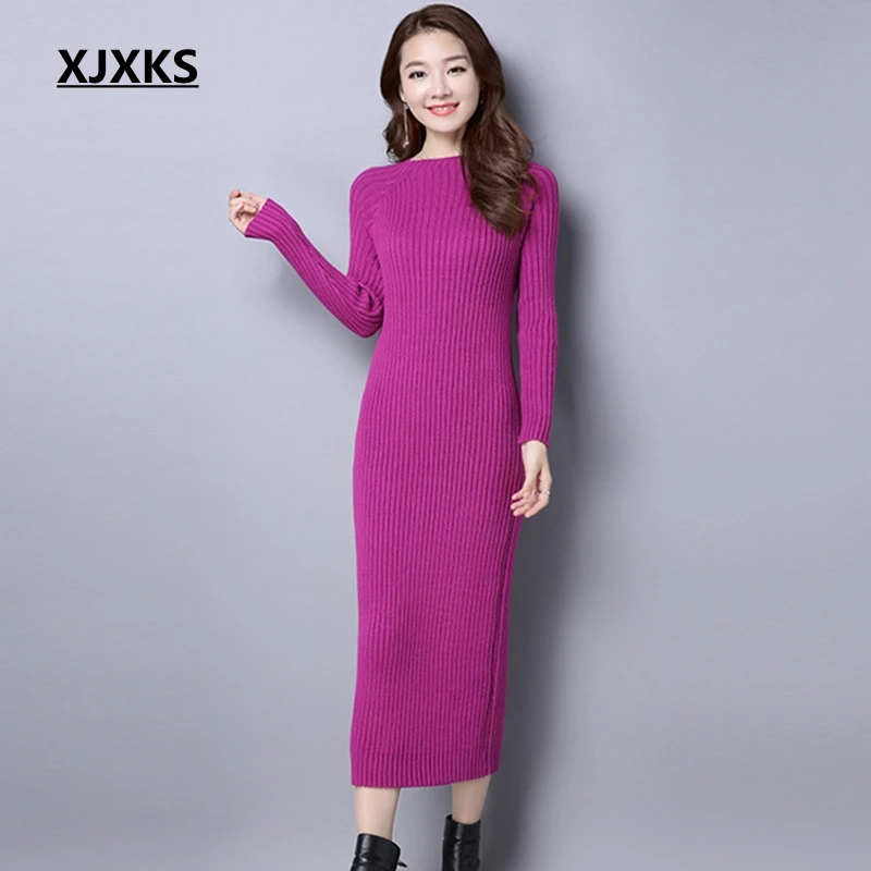 

XJXKS X-Long Sweater Dresses For Women Autumn Winter 2018 Strentch Solid Pullovers Brief Warm Knitting Long Sweater