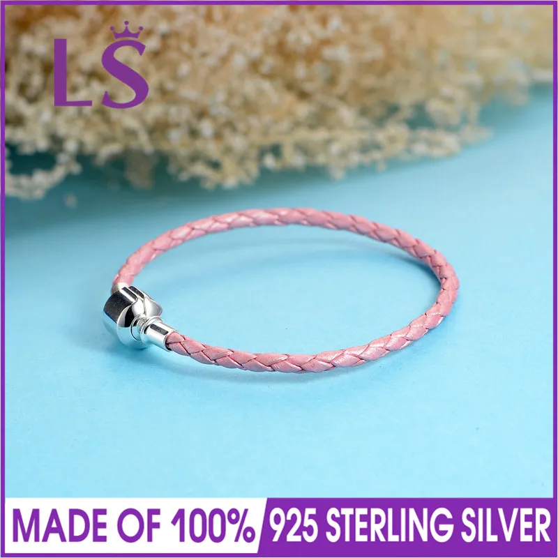 LS Твердые 925 стерлингового серебра застежка розовые кожаные браслеты для женщин штампованные S925 подходит браслеты и браслеты Шарм серебро 925 ювелирные изделия
