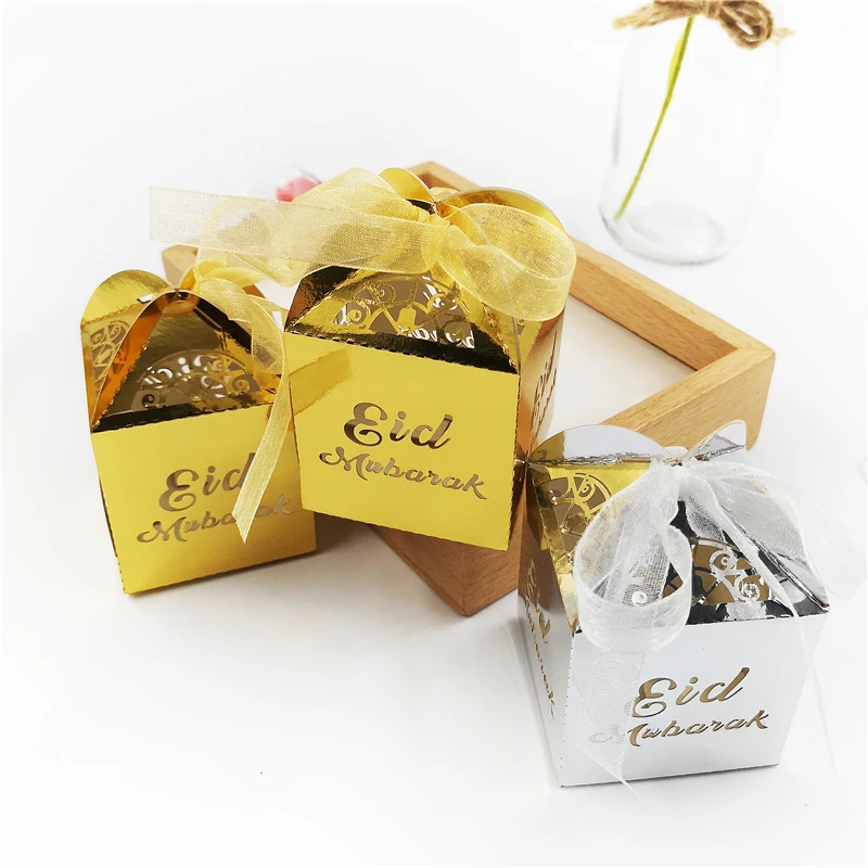 

10PCS Gold Silver Eid Mubarak Letters printed Candy gift box ramadan decorations Islamic party Happy Eid Mubarak snacks box
