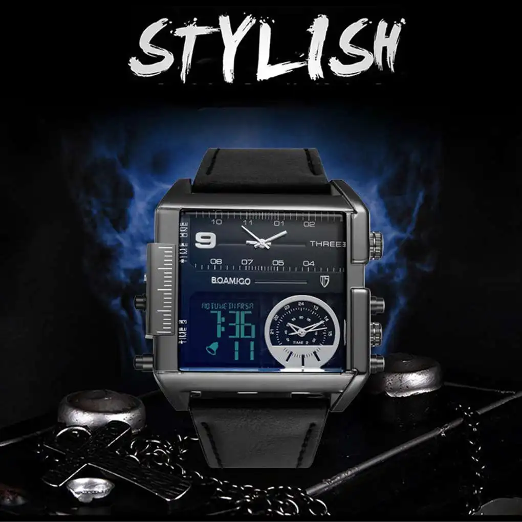 Модные мужские спортивные часы BOAMIGO для мальчиков, 3 часовых пояса, кожаные прямоугольные мужские часы, цифровые наручные часы