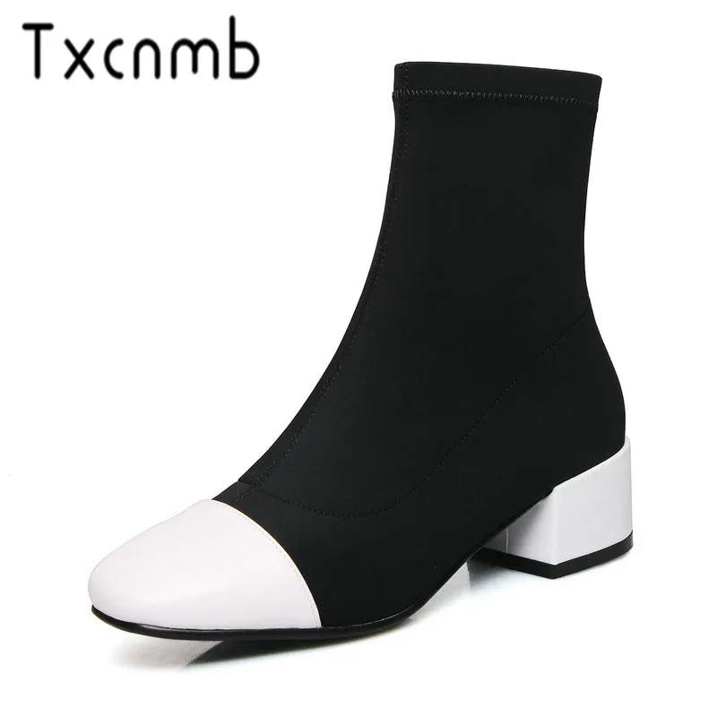 

TXCNMB Women Boots 2019 Genuine Leather Chelsea Boots Handmade Square Heels Ankle Boots Round Toe Shoes Woman Szie 42 43