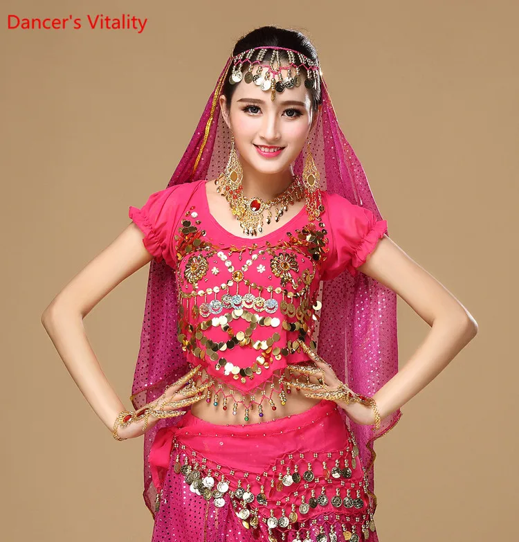 

Women's Belly Dance Costume Shirt Chiffon Lantern Short Sleeves Gold Coins Top&tees Indian Clothing Belly Dancing Practice Tops