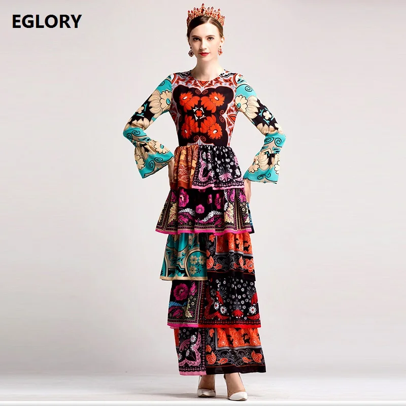 Vintage Elegante Lange Jurk Vrouwen Retro Nationale Stijl Print Cascading Volledige Mouw Vloerlengte Maxi Gown Jurk Herfst Winter nieuwe