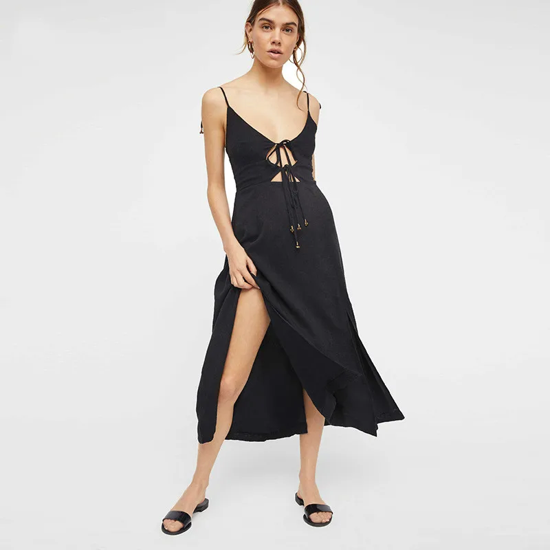 

Summer Pure Color Casual Dress with Bellied Sling A-Line Sleeveless Spaghetti Strap Empire Women's Sexy Slit Dress
