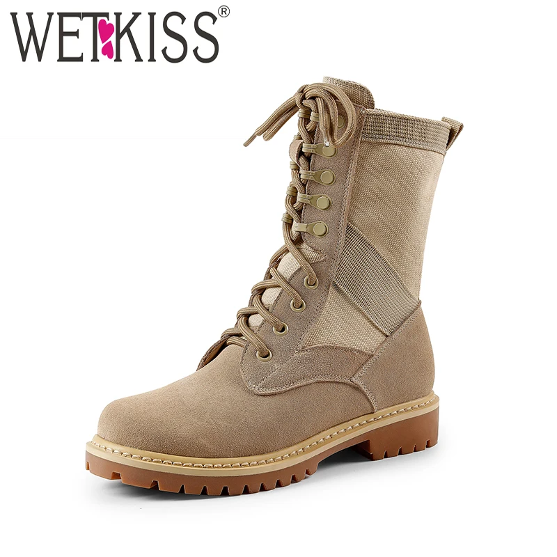 

WETKISS Low Thick Heels Women Boots Round Toe Cross Tied Footwear Military Female Platform Boot Winter Shoes Women 2018 Black