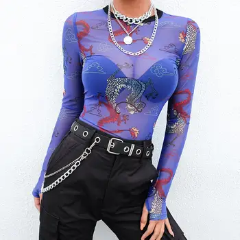 

T-shirt Sexy Perspective Bodycon t shirt Chinese Style Dragon Print Long Sleeve sexy t-shirt Summer Harajuku transparent Top %8