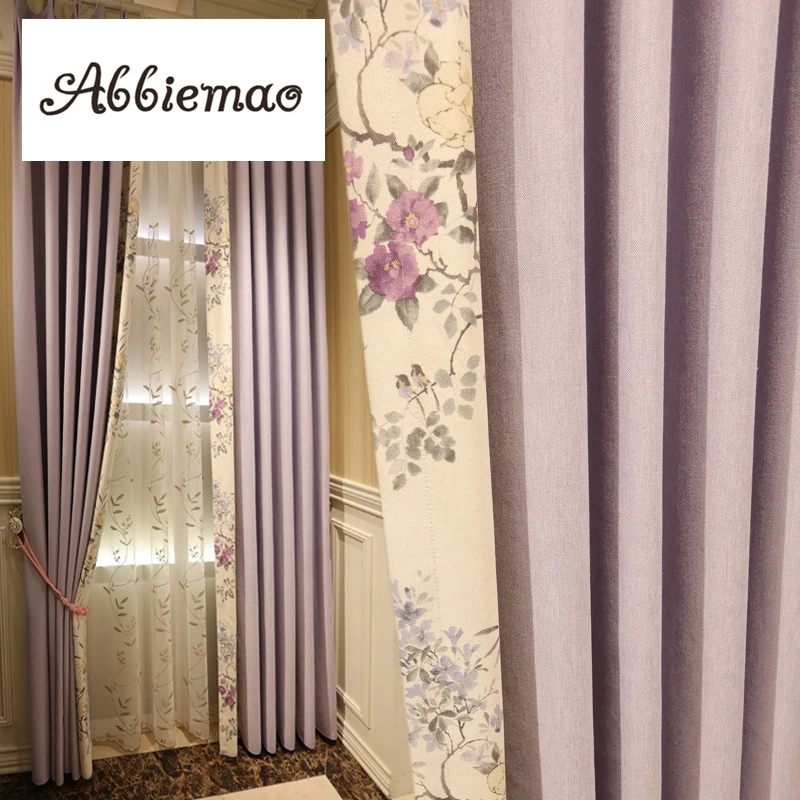 

Abbiemao Romantic Purple Splicing Curtain Cotton And Linen Floral Printed Finished Curtain Sheer Gauze For Living Room Bedroom