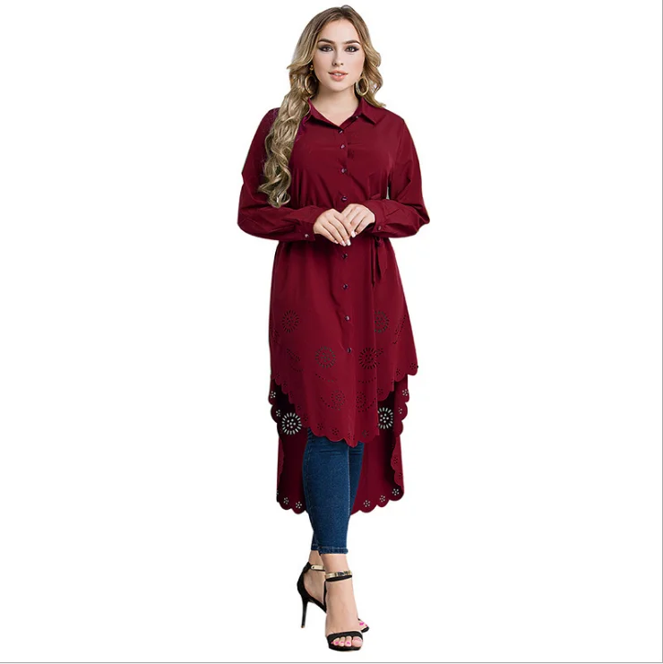 

2018 Spring Summer Autumn Women Muslim Blouse Hollow Out Turn-Down Collar Long Sleeve Plus Size Islamic Women Blouse FQ148