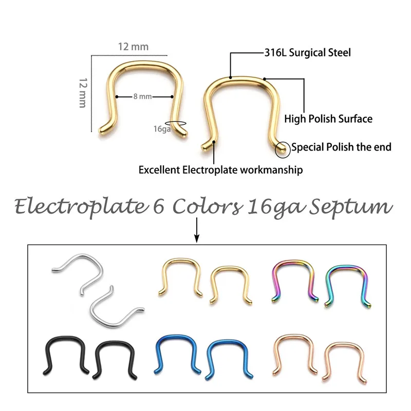 Пирсинг J 316L хирургическая сталь u-образный пирсинг для носовой перегородки ювелирные изделия вешалка фиксатор кольца для носа 16 г, 14 г, 12 г 6-12 шт набор
