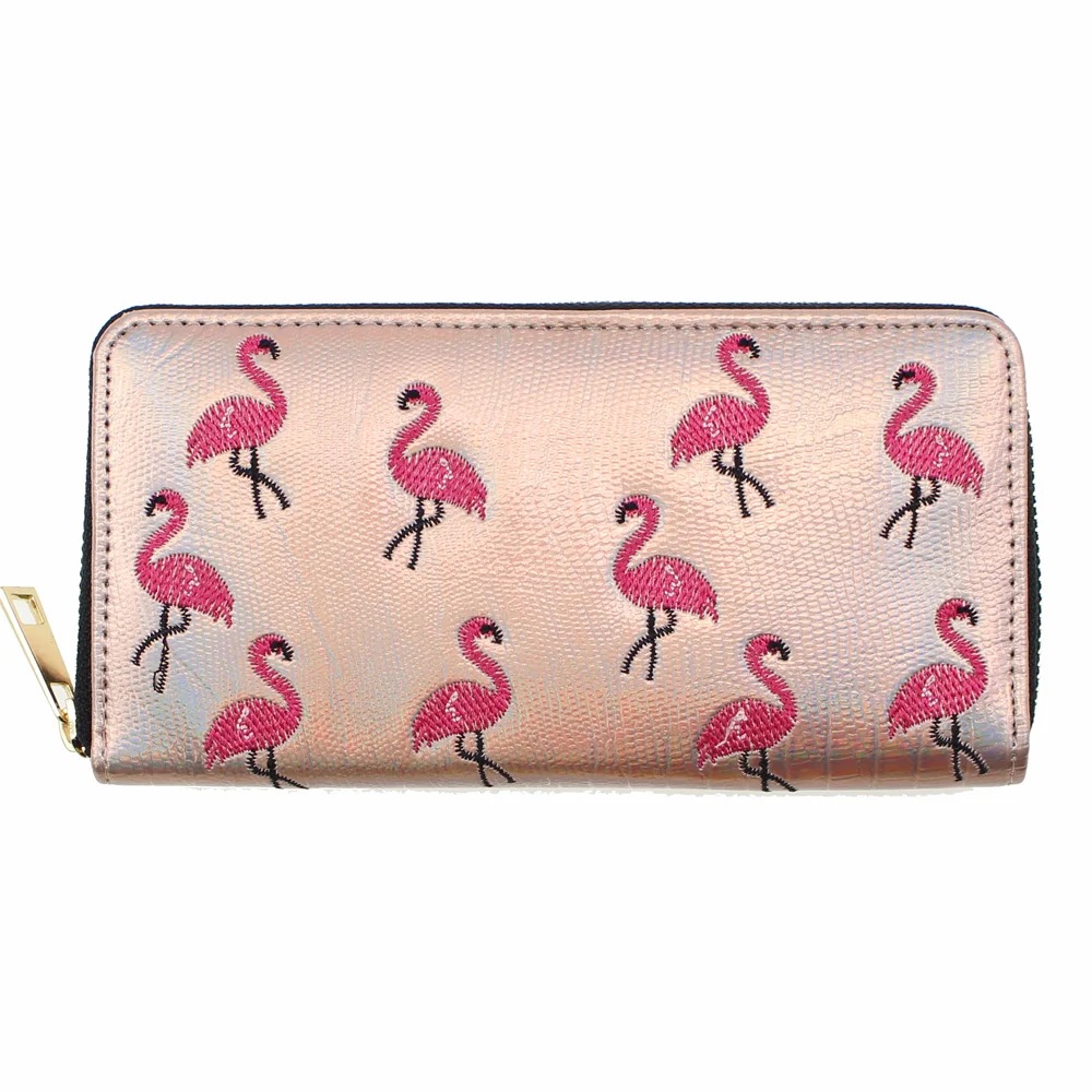 Flamingo Embroidery Zipper Women Wallets And Purse Crocodile Long