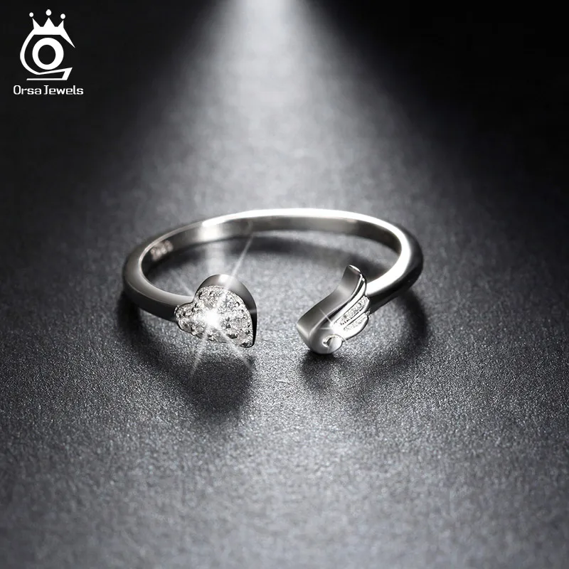 ORSA JEWELS Pure 925 sterling Silver Rings CZ Paved Heart Shape&Angel Wing Rock Adjustable Finger Rings for Women SR02