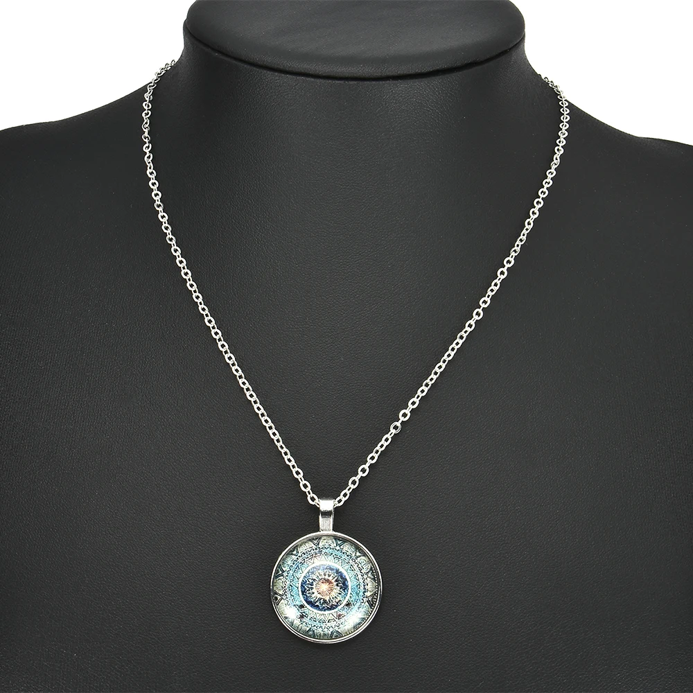 Fashion Women Lady Mandala Flower Photo Cabochon Glass Tibet Chain Pendant Necklace Party Gift Necklaces Jewelry