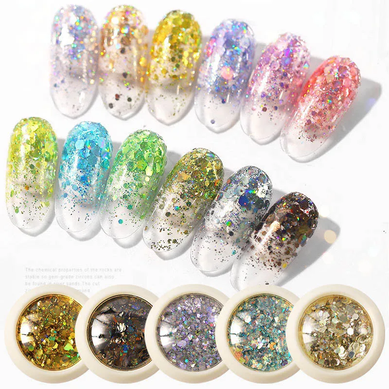 

6 Box/Set Holograhic Nail Art Glitter Sequins Mix Size Hexagon Mermaid Gradient Powder Acrylic Tips UV Gel Nail Polish Flakes