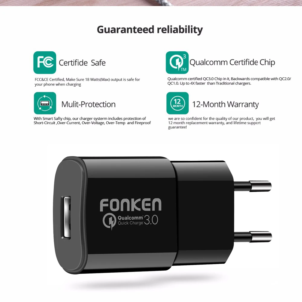 FONKEN Quick Charge 3,0 USB зарядное устройство Быстрая зарядка QC 3,0 2,0 18 Вт с быстрым зарядным кабелем настенный адаптер для мобильного телефона зарядное устройство s