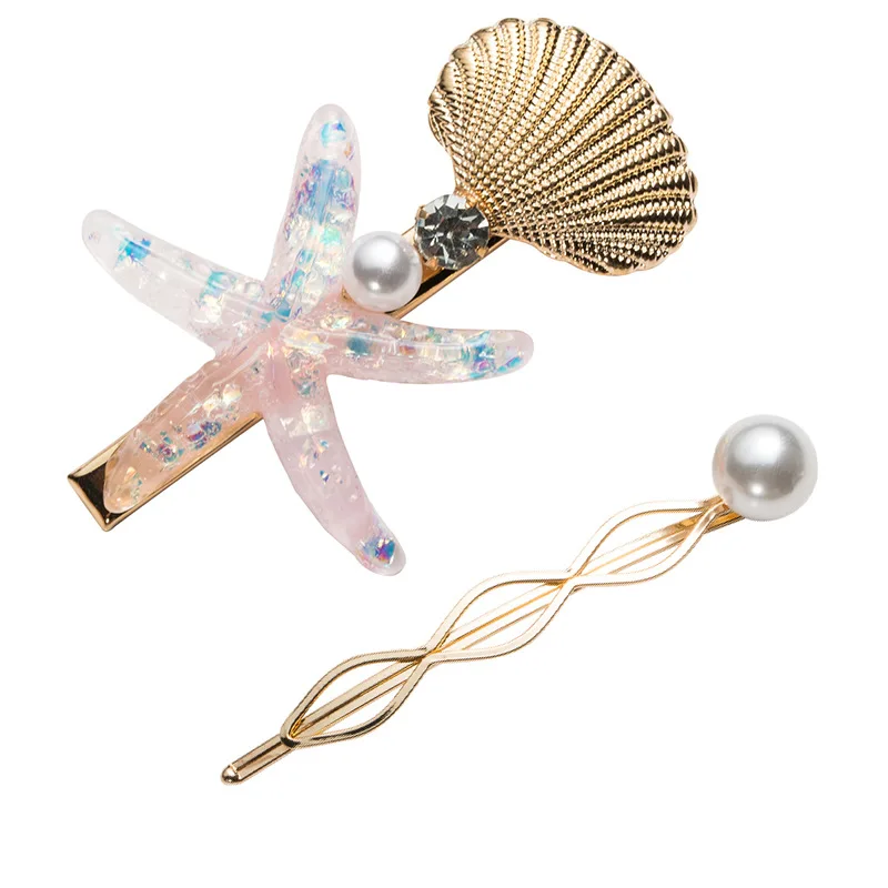 

2pcs/set Starfish Hair Clips for Women simulated pearl Hairpins conch star barrettes hairsildes Hair Pins accessories