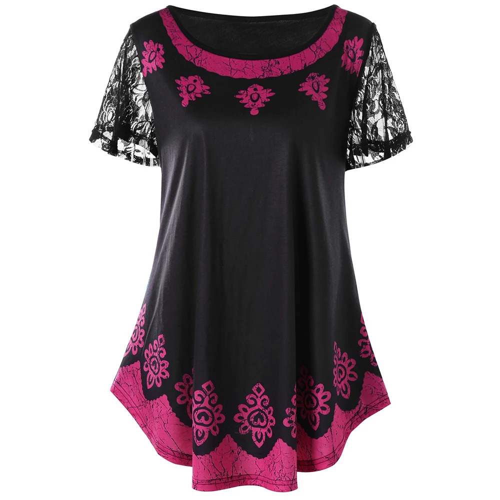

Wipalo 5XL Plus Size Tribal Print T-Shirt Summer O Neck Short Sleeve Lace T Shirt Women Tops 2018 Causal Long Tee Shirt Big Size