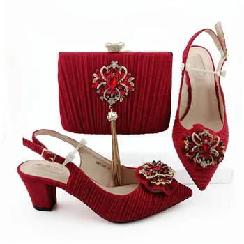 

Gorgeous red women dress shoes match handbag with big crystal decoration african pumps and bag set MM1088