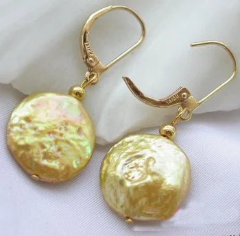 

Genuine Pearl Earrings,10mm-11mm Golden Coin Freshwater Pearl Dangle Earrings , 14k-20 Dangle Earring,New Free Shipping